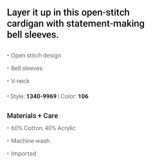 ⚡️SALE⚡️🆕️NWT AE Bell Sleeve Cardigan in 'Cream', Size Medium - Picture 7 of 8